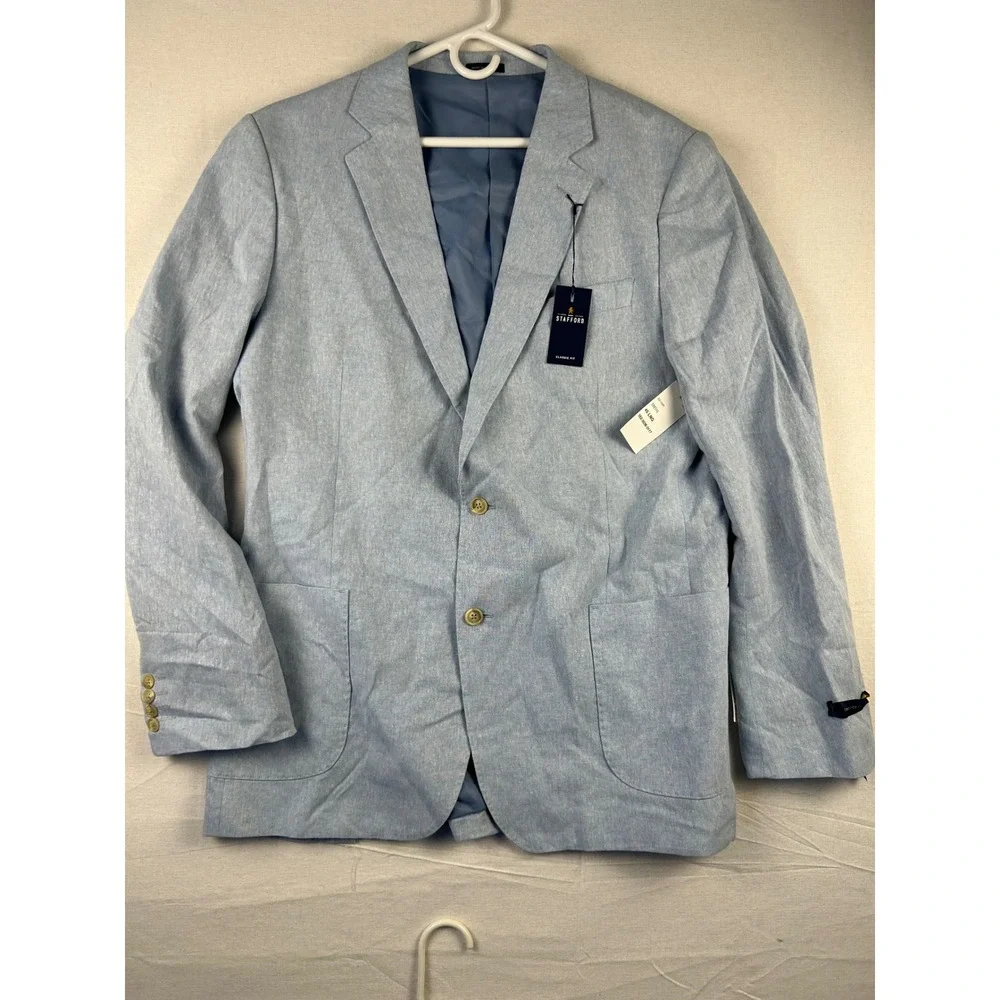 Stafford Mens Classic Fit Linen Blend Sport Coat Light Blue 46 Long 339310